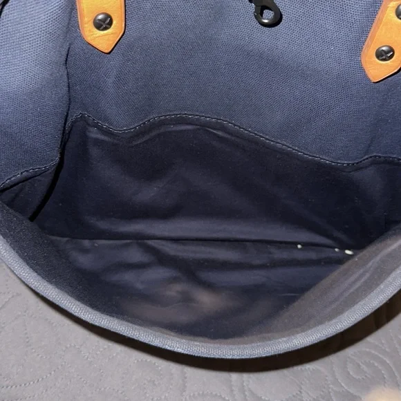 Ben Minkoff Navy Blue Waxed Canvas & Vachetta Leather Trim Laptop Bag EUC
